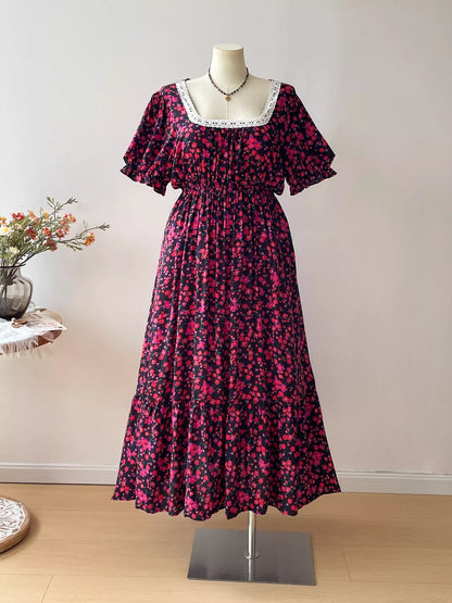 Plus Size Floral Square Neck Short Sleeve Dress Burgundy