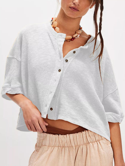 Button-Front Half Sleeve Cardigan Grey