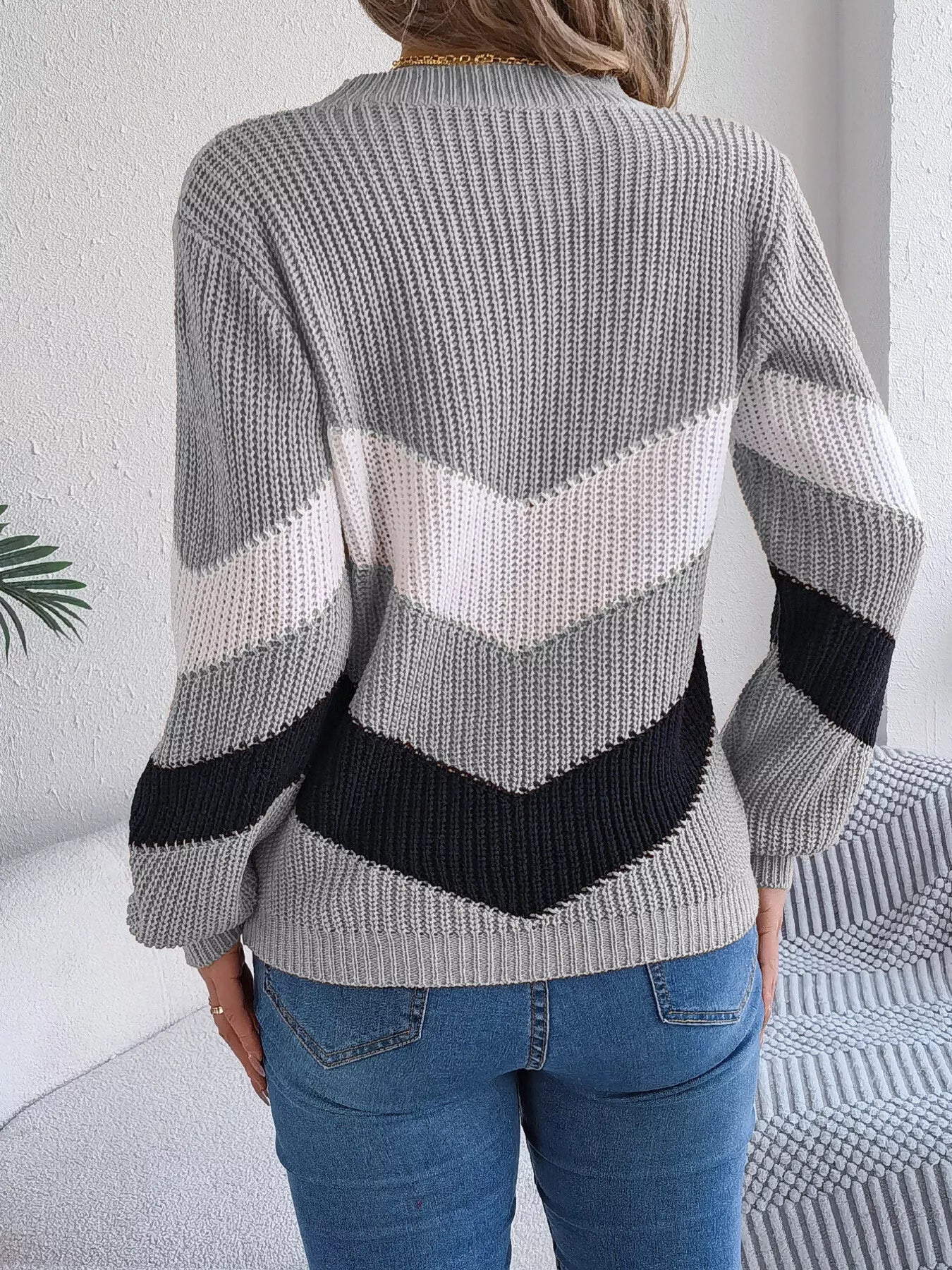 Chevron Stripe Color Block Round Neck Sweater Grey