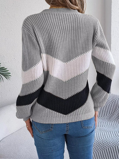 Chevron Stripe Color Block Round Neck Sweater Grey