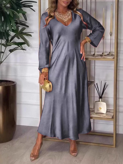 Full Size V-Neck Long Sleeve Midi Dress Plus Size Grey