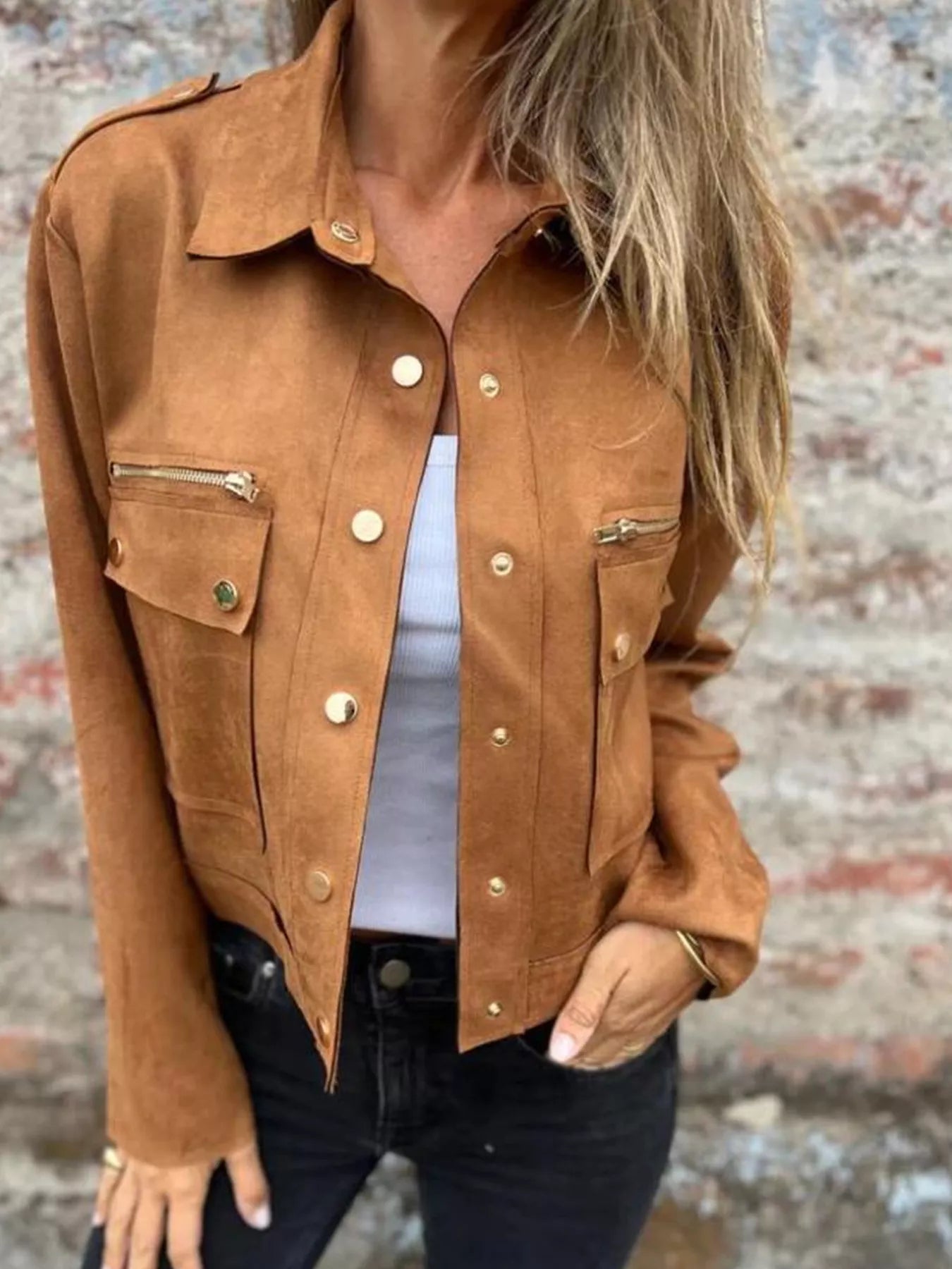 Full Size Snap Down Long Sleeve Jacket Plus Size Ochre