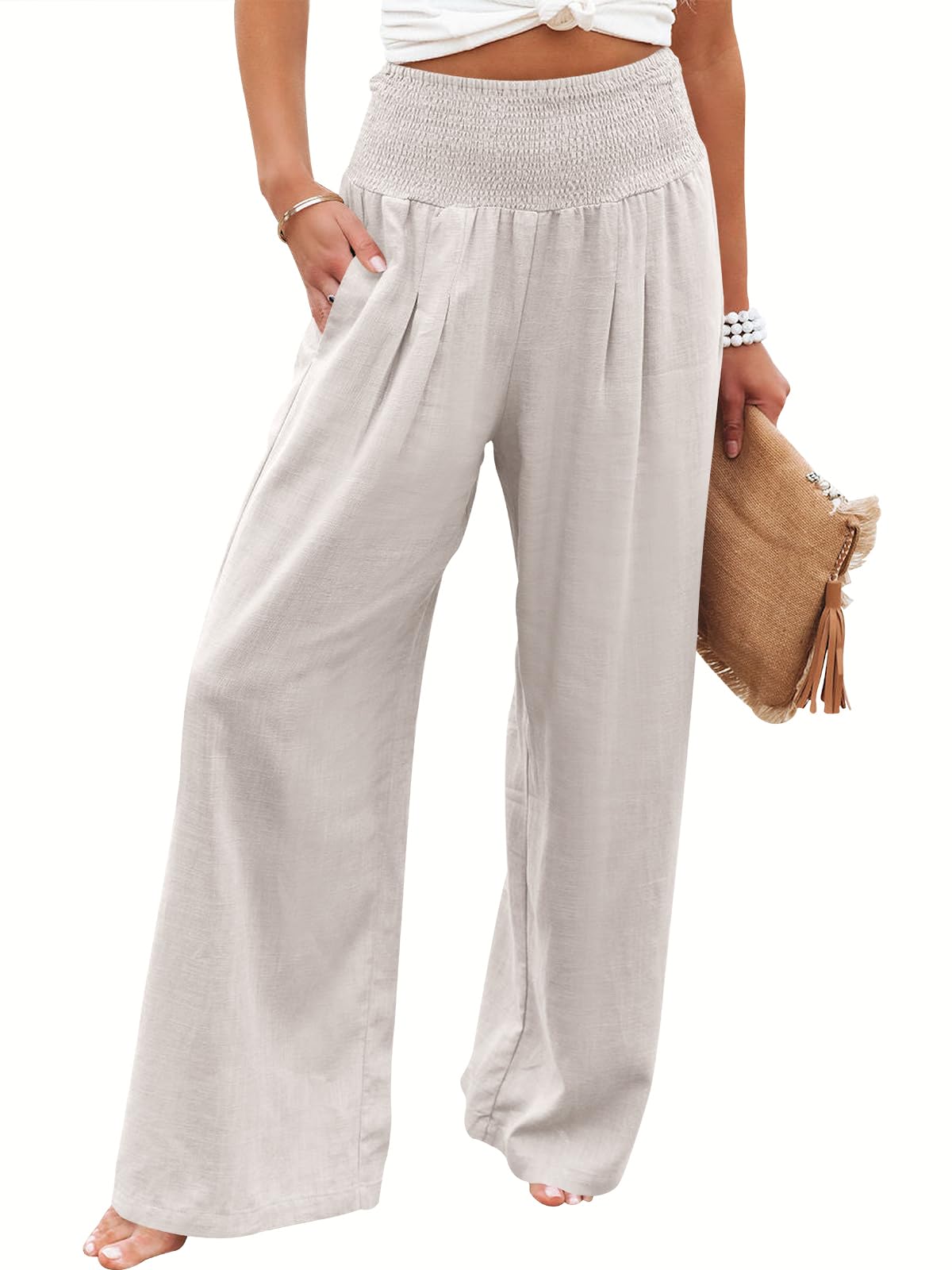 Linen Palazzo Pants Women Wide Leg High Waist Summer Boho Casual Lounge Pants Apricot