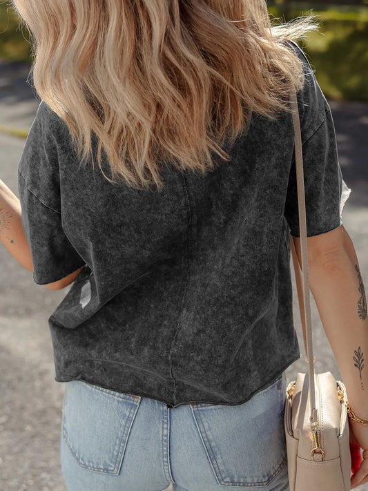 Floral Embroidered Mineral Wash Crew Neck T Shirt