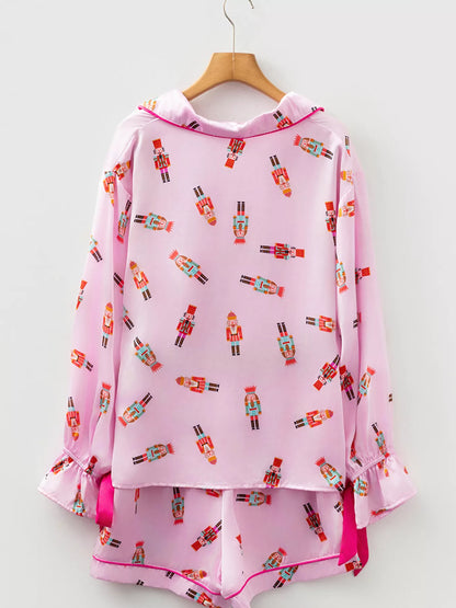 Nutcracker Print Contrast Trim Top and Shorts Pajama Set