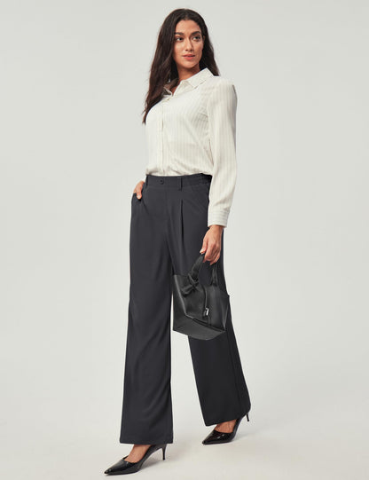 Women's Wide Leg Work Pants - Stretchy Pull-On Business Casual Trousers with Pockets