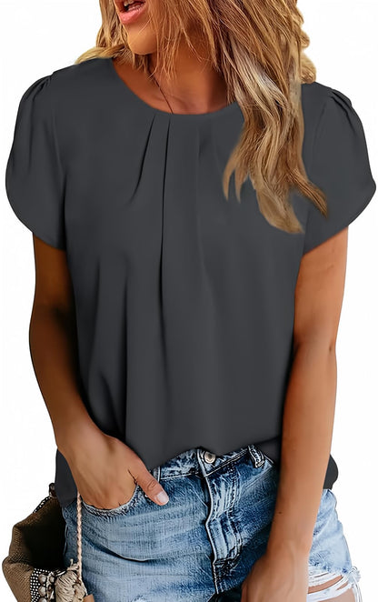Polyester Blouses - Women's Chiffon Blouse Short Sleeve Pleated Top with Keyhole Back Detail