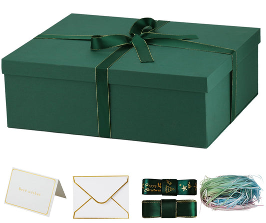 Large Gift Box with Lid 16.5x13x5.5 inches - Includes Card, Ribbons & Filler 1 Count (Pack of 1) green