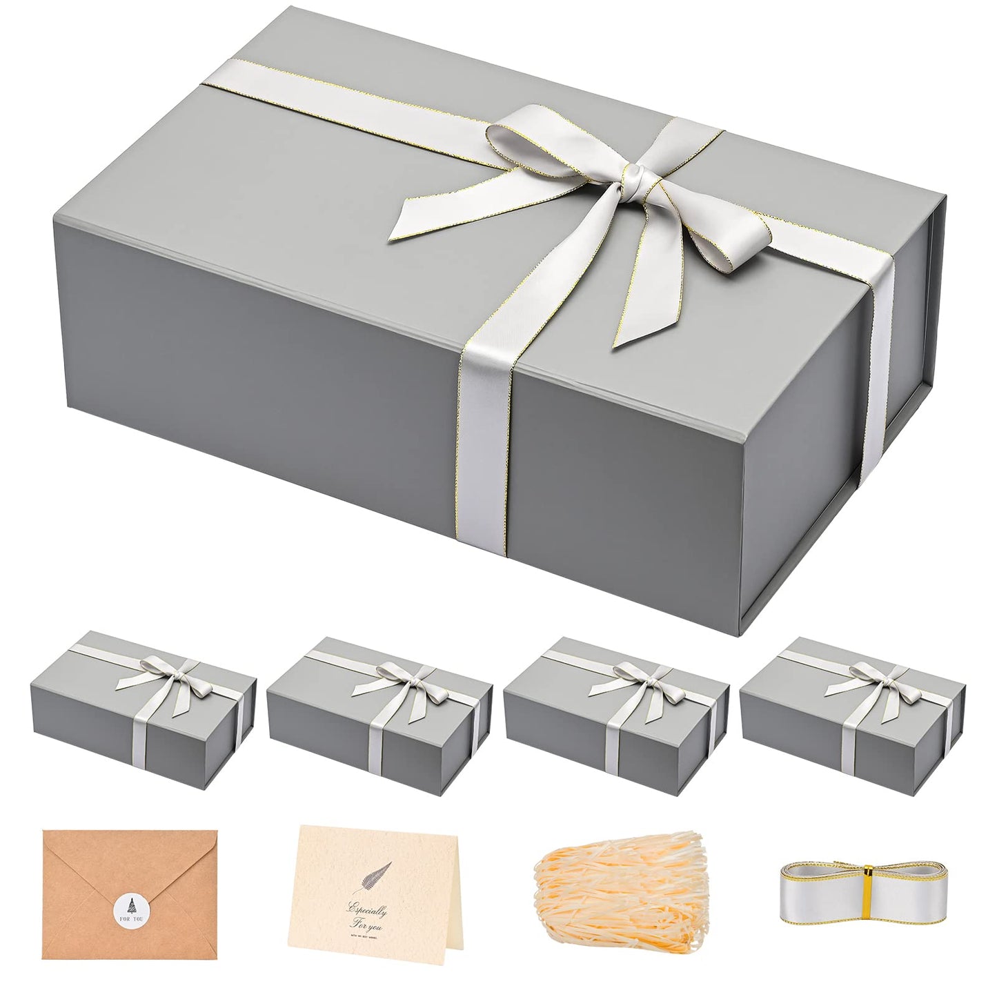 Gift Boxes with Lids 2 Pack - Magnetic Closure with Ribbon, Card, Filler & Sticker 1 Count (Pack of 5) Grey