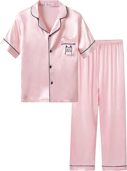 Girls Satin Pajama Set - Silky Button Down PJ with Shorts Size 6-16 Pink Cat (Short Sleeve & Pants)