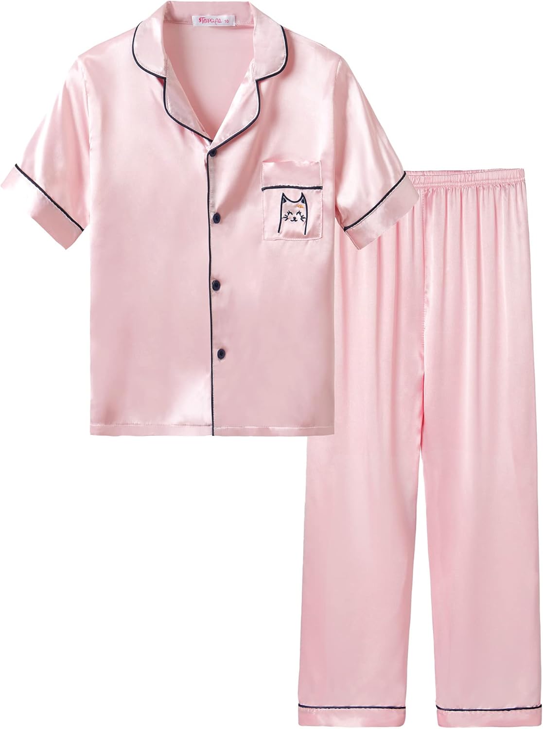 Girls Satin Pajama Set - Silky Button Down PJ with Shorts Size 6-16 Pink Cat (Short Sleeve & Pants)