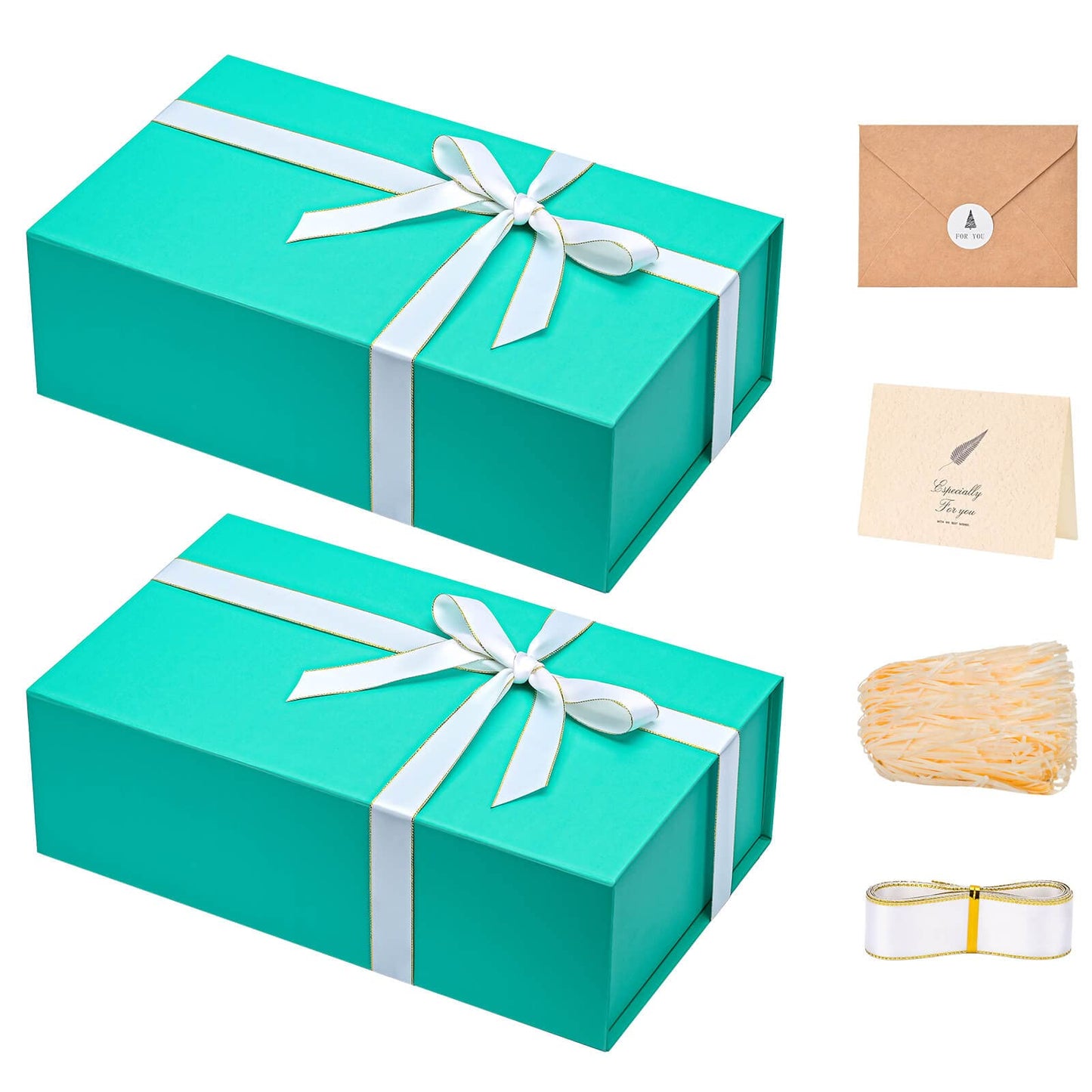 Gift Boxes with Lids 2 Pack - Magnetic Closure with Ribbon, Card, Filler & Sticker 1 Count (Pack of 2) Green Blue