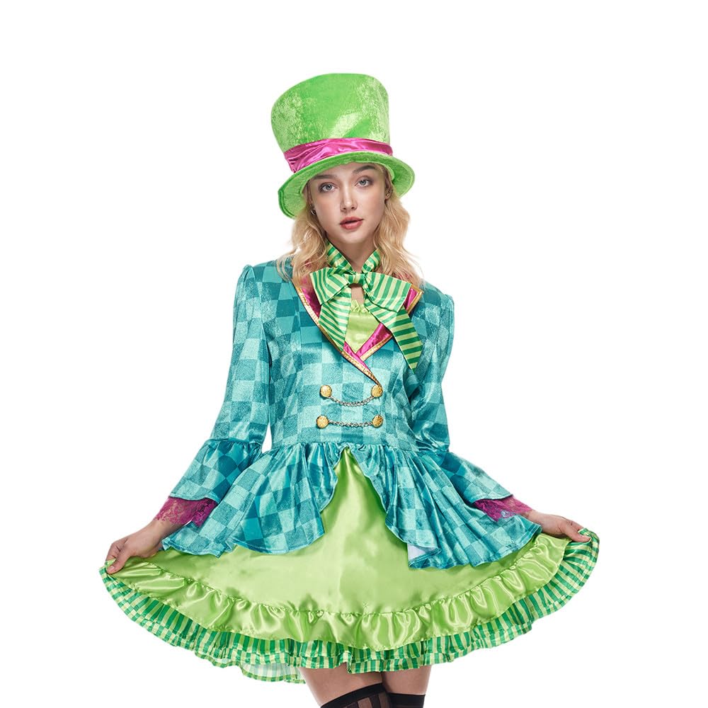 Women's Mad Hatter Costume - Green Dress with Top Hat and Bow Tie