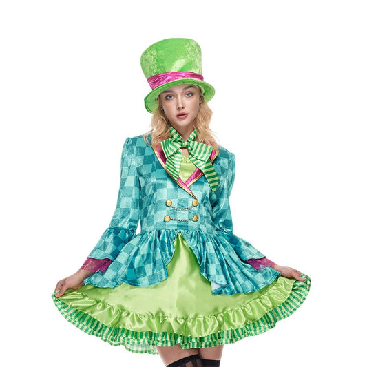 Women's Mad Hatter Costume - Green Dress with Top Hat and Bow Tie