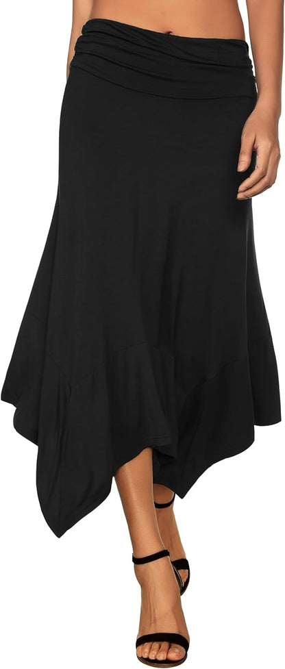 Women's Flowy Handkerchief Hemline Midi Skirt - Elastic Waist Asymmetrical Hem Black