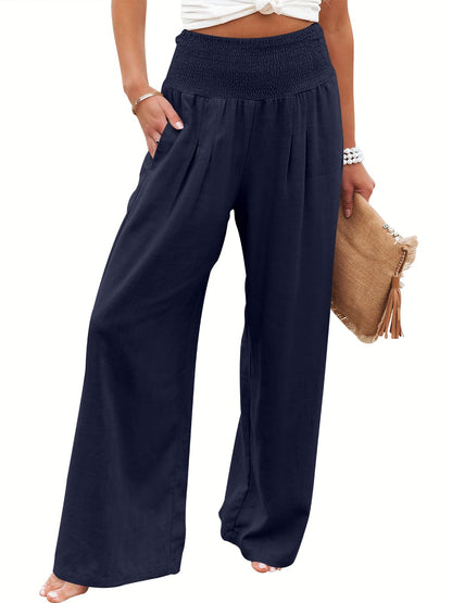 Linen Palazzo Pants Women Wide Leg High Waist Summer Boho Casual Lounge Pants Navy Blue