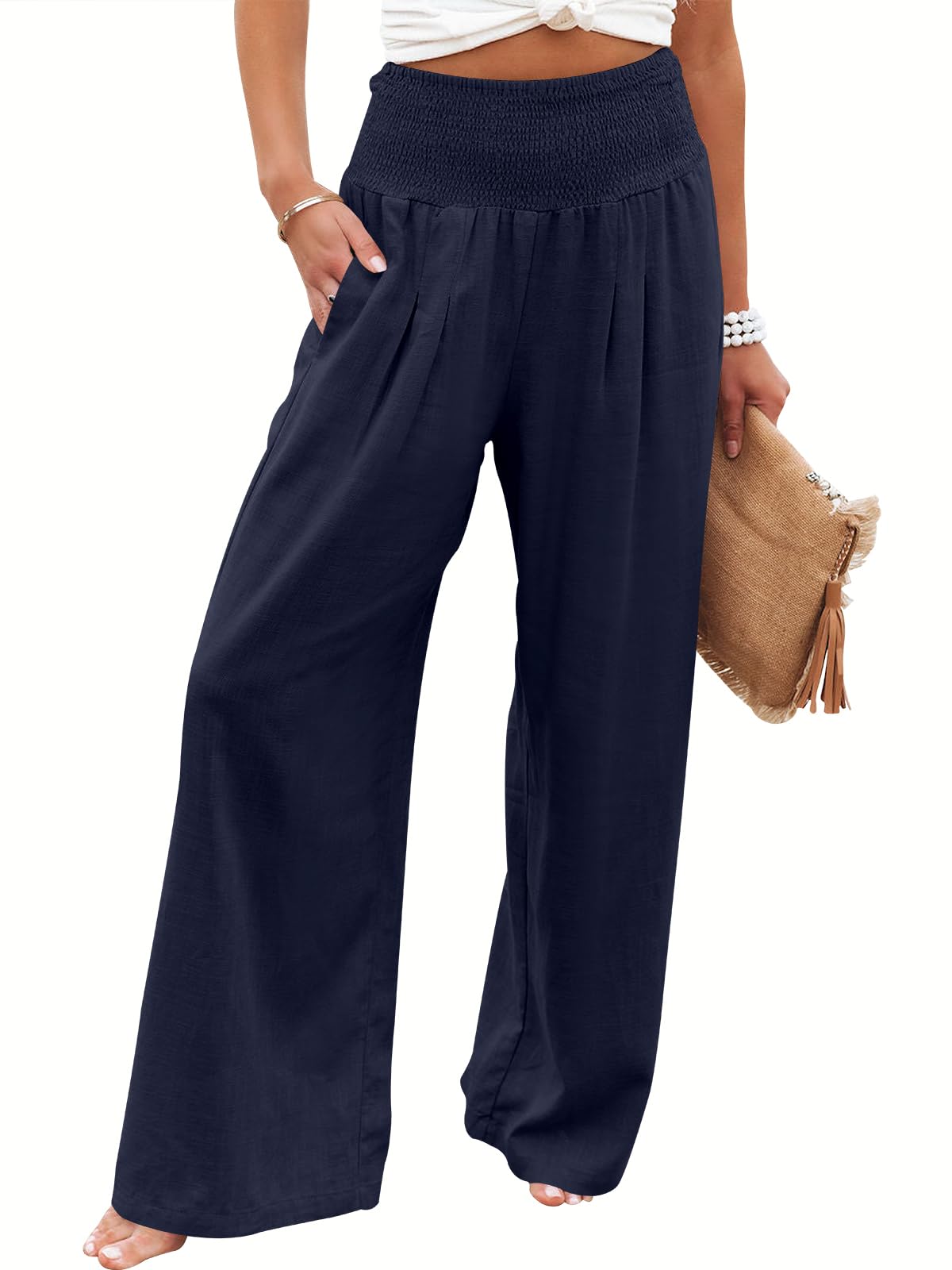 Linen Palazzo Pants Women Wide Leg High Waist Summer Boho Casual Lounge Pants Navy Blue