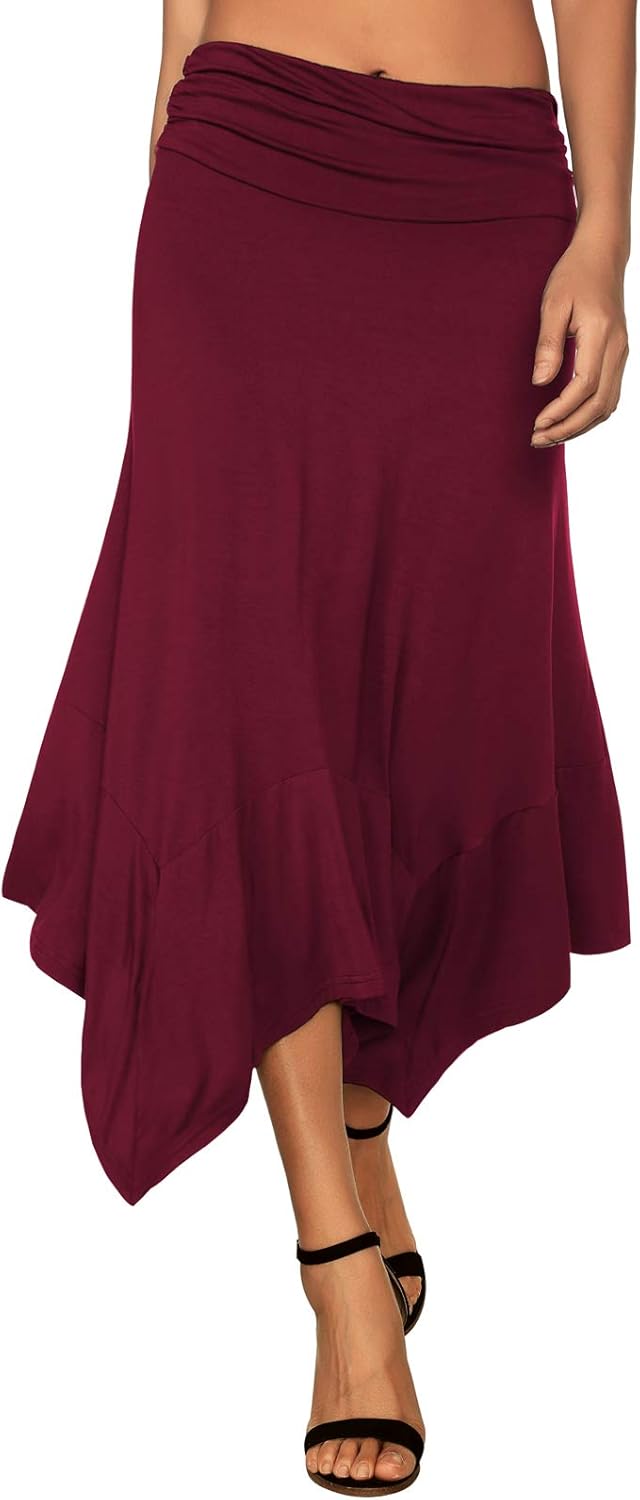 Women's Flowy Handkerchief Hemline Midi Skirt - Elastic Waist Asymmetrical Hem