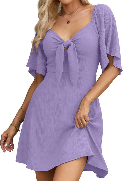 Women's Deep V-Neck Mini Dress with Bow Tie - Elegant Summer Fall Outfit Wisteria