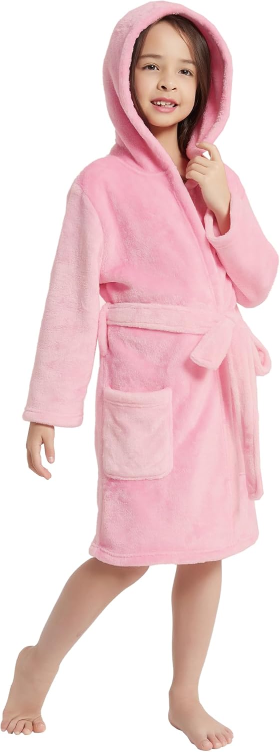 Girls Hooded Fleece Bathrobe - Soft Plush Warm Robe for Kids 3-14 Years