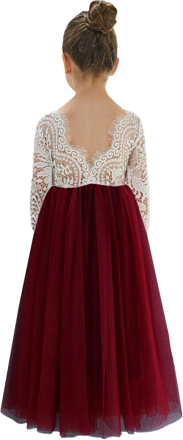 Girls Tulle Flower Girl Dress - Lace Back A-Line Party Dress Burgundy Sleeve Maxi