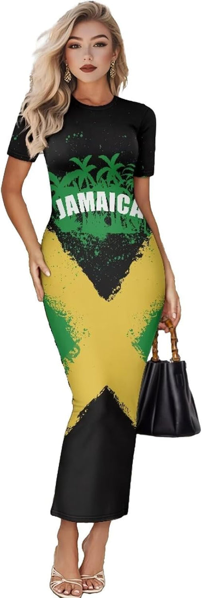 Women's Jamaican Flag Bodycon Midi Dress Short Sleeve Butterfly Jamaica