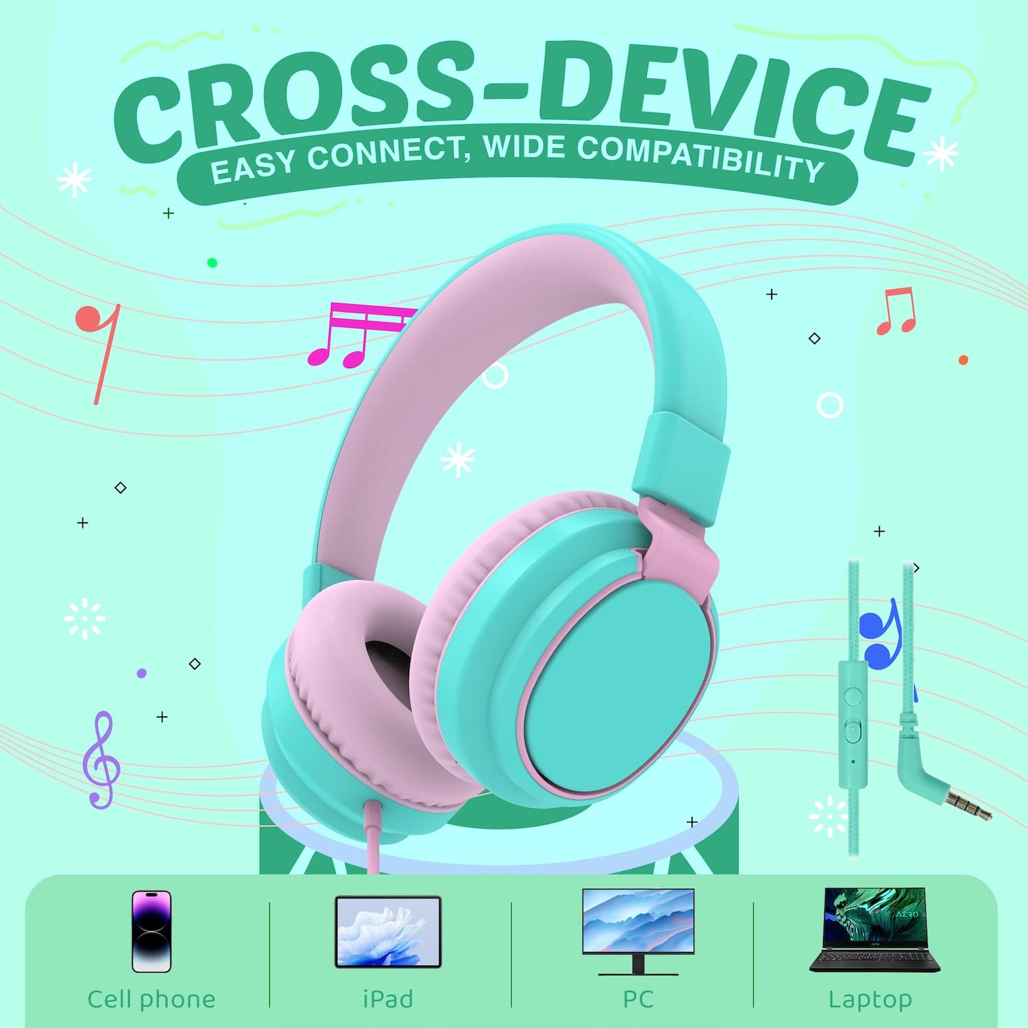 Kids Headphones Volume Limited 85/94dB - Wired Over-Ear Foldable Headset with Microphone Pink