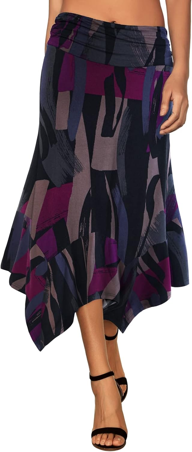 Women's Flowy Handkerchief Hemline Midi Skirt - Elastic Waist Asymmetrical Hem Black Purple Painting