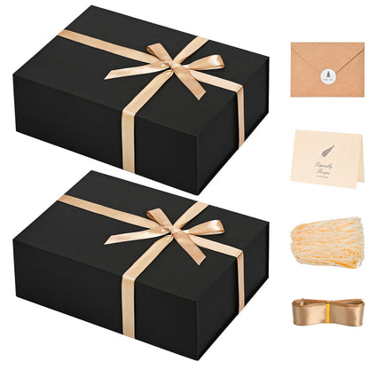 Gift Boxes with Lids 2 Pack - Magnetic Closure with Ribbon, Card, Filler & Sticker 1 Count (Pack of 2) Black
