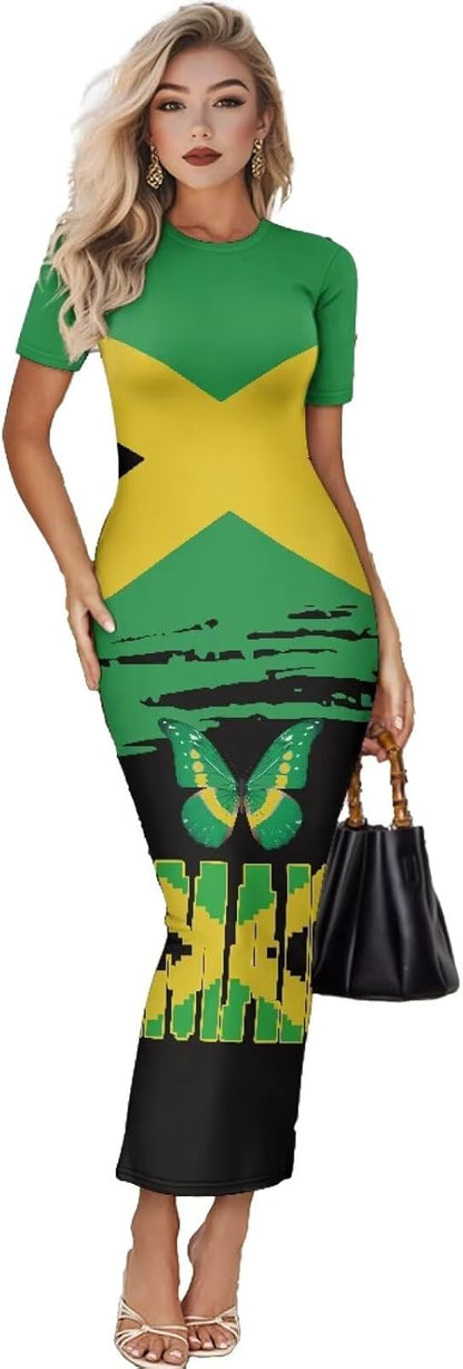 Women's Jamaican Flag Bodycon Midi Dress Short Sleeve Ink Splash Flag