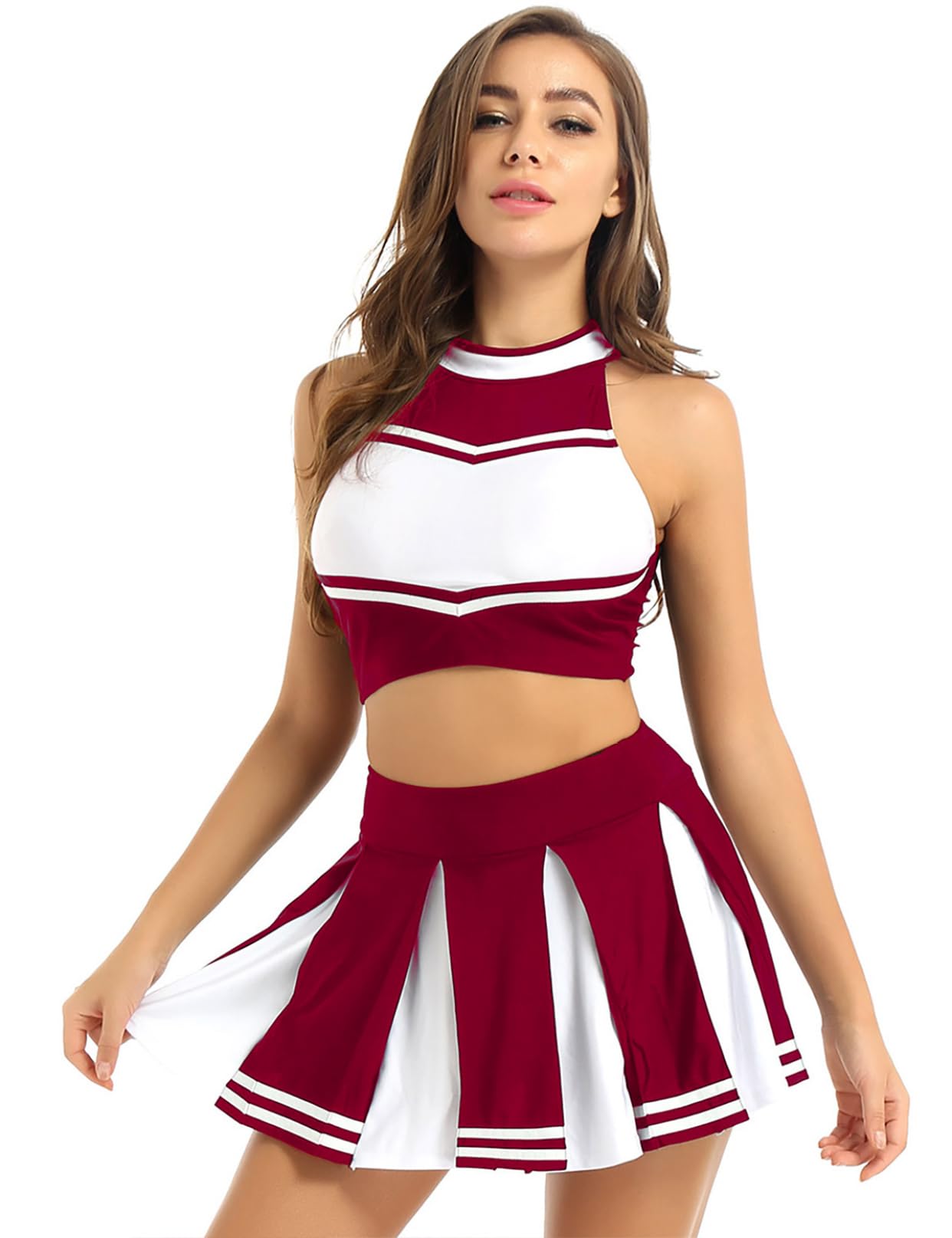 Cheerleader Costume - Women's Crop Top with Pleated Mini Skirt Uniform Claret