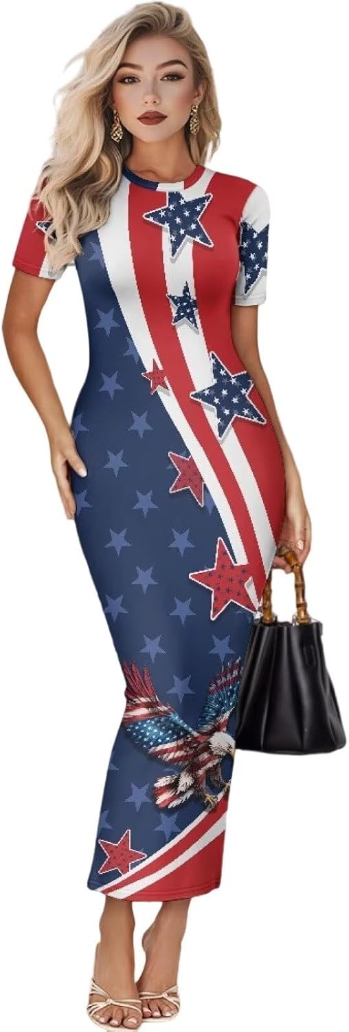 Women's Jamaican Flag Bodycon Midi Dress Short Sleeve X-Large July 4th