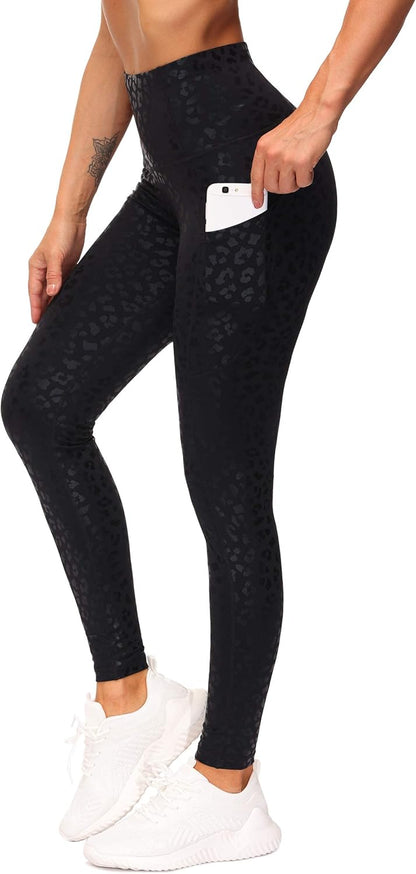Women's High Waisted Yoga Leggings with Pockets - Thick Tummy Control Workout Pants Silver Black
