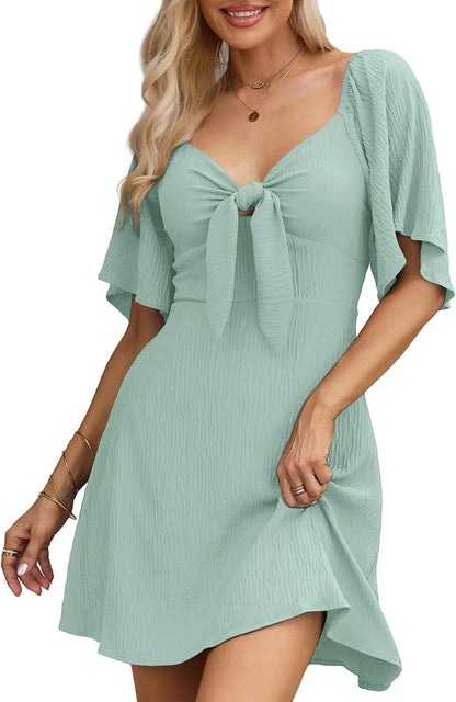 Women's Deep V-Neck Mini Dress with Bow Tie - Elegant Summer Fall Outfit Green B