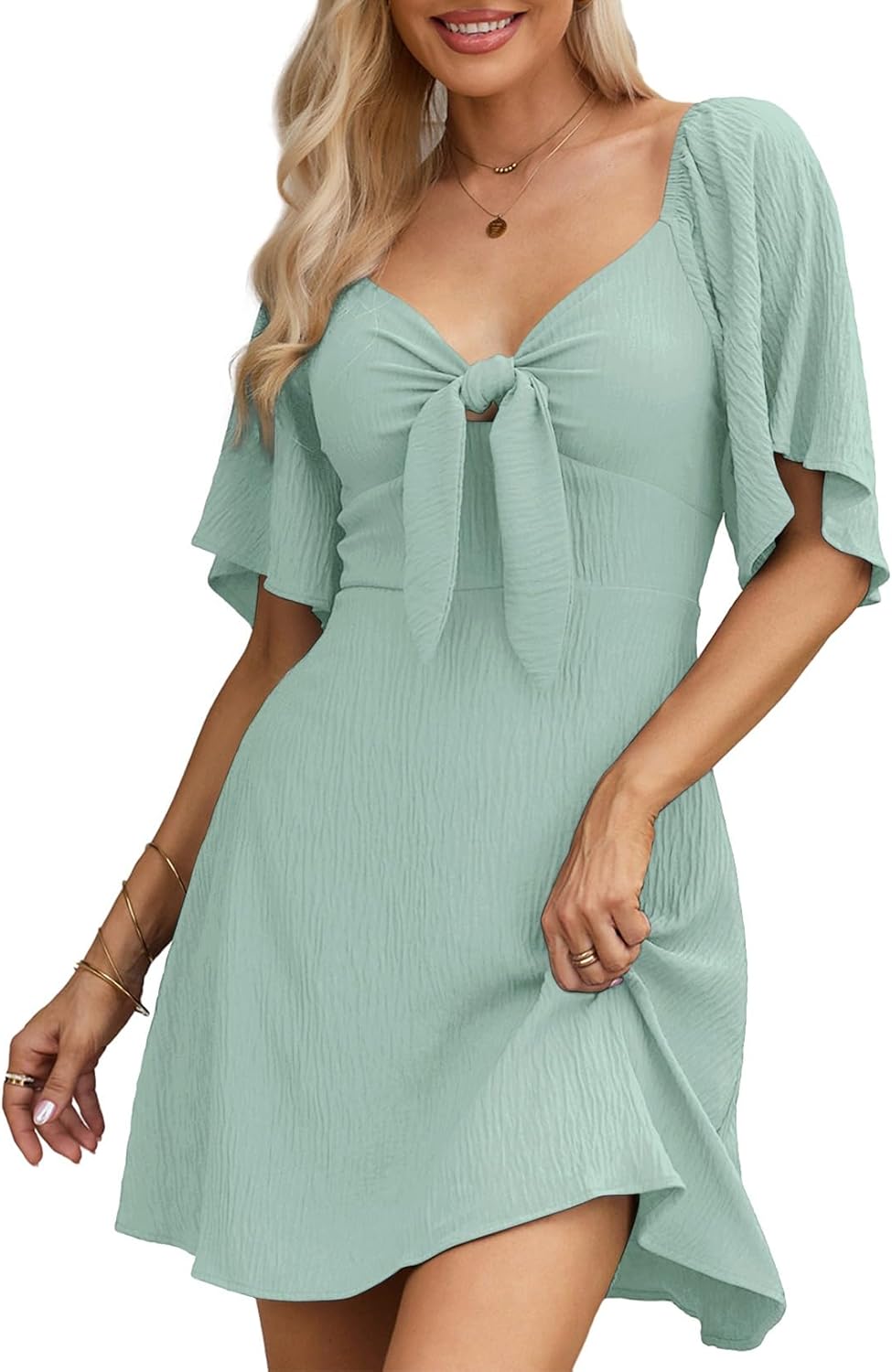 Women's Deep V-Neck Mini Dress with Bow Tie - Elegant Summer Fall Outfit Green B
