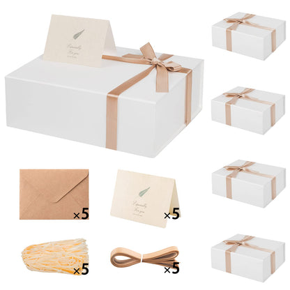 Gift Boxes with Lids 2 Pack - Magnetic Closure with Ribbon, Card, Filler & Sticker 1 Count (Pack of 5) White