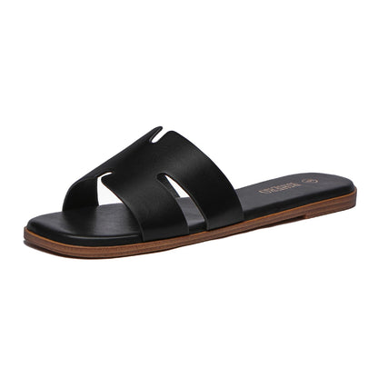 Women's Dressy Flat Sandals - Comfortable Slip On Leather Slide Sandals Black