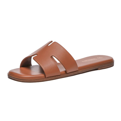 Women's Dressy Flat Sandals - Comfortable Slip On Leather Slide Sandals Brown