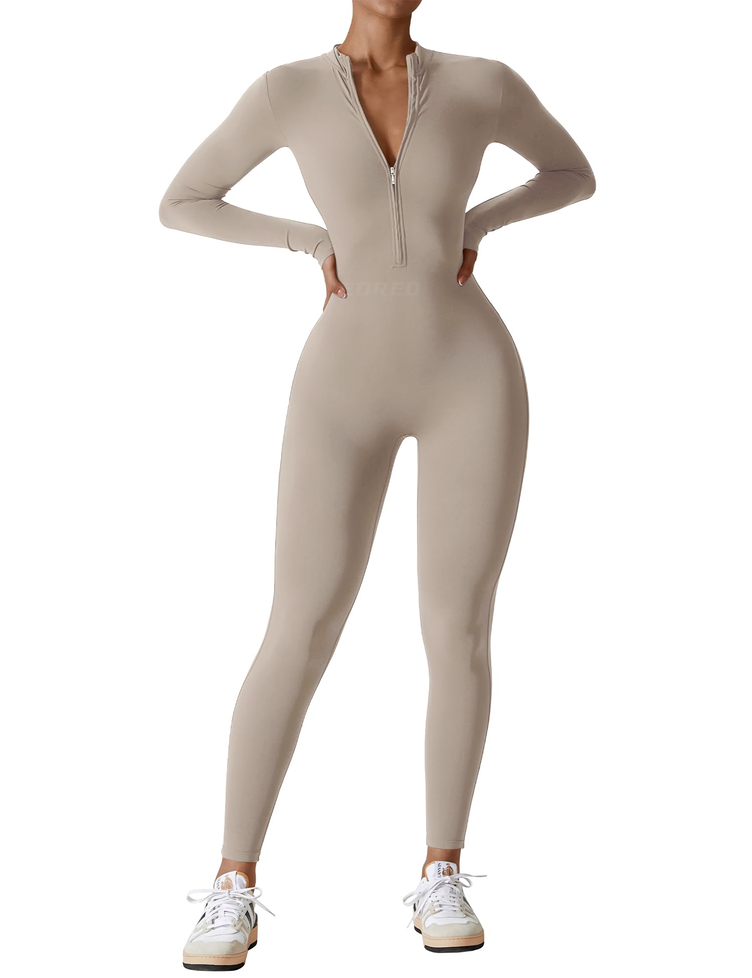Women's Long Sleeve Workout Jumpsuit - Zip Up Bodycon Romper One Piece
