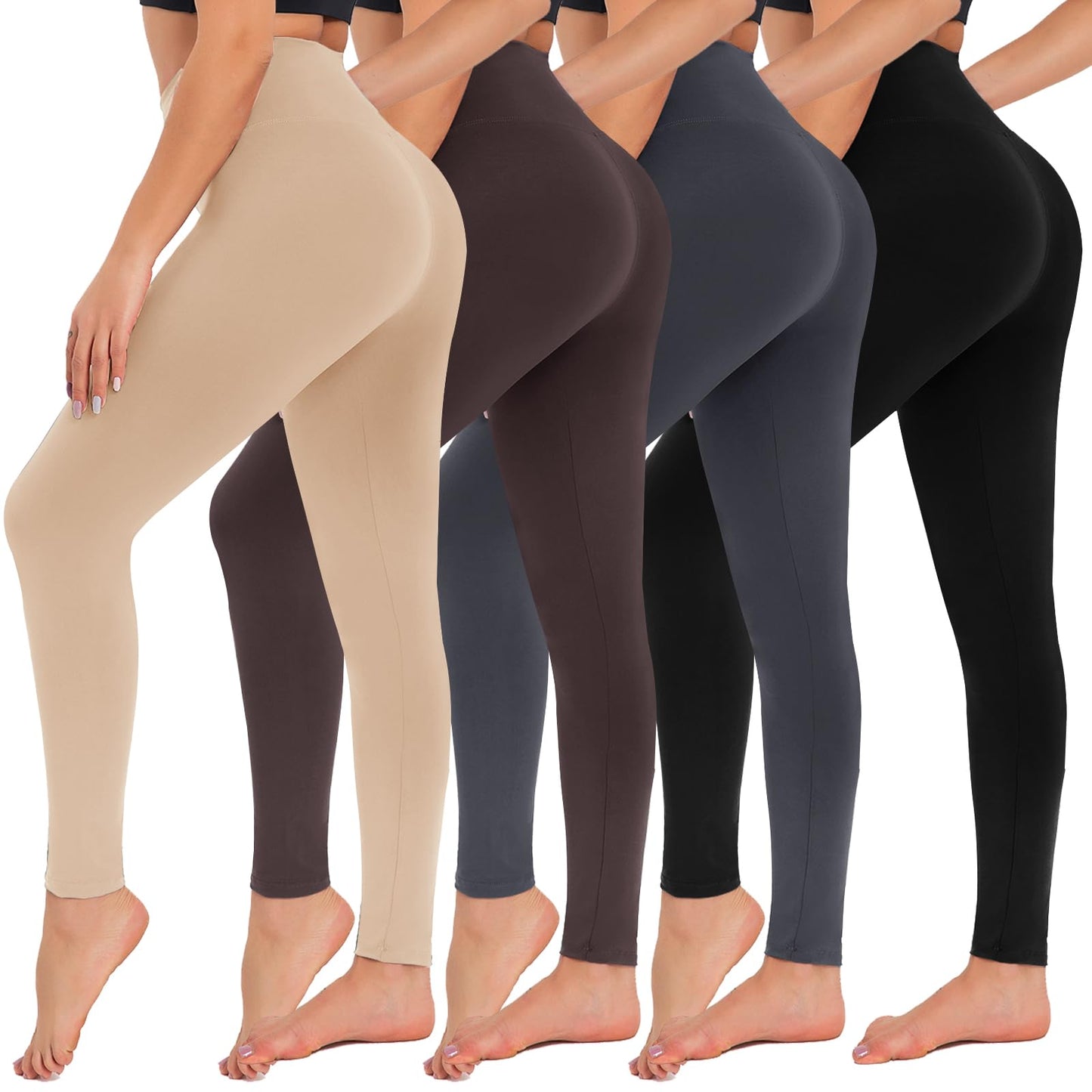 4 Pack High Waisted Leggings for Women - Tummy Control Yoga Pants Workout Set 4 Packs, Black Dark Grey Coffee Nude