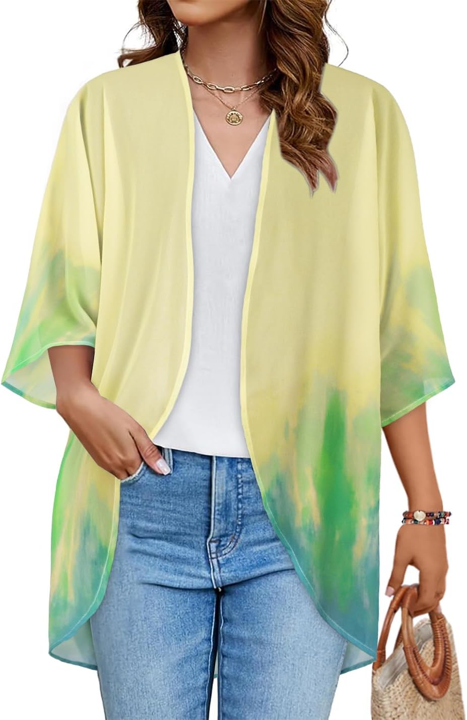 Floral Print Kimono Cardigan Women Puff Sleeve Cover Up Casual Blouse Loose Top Yellow Green Tie-dye