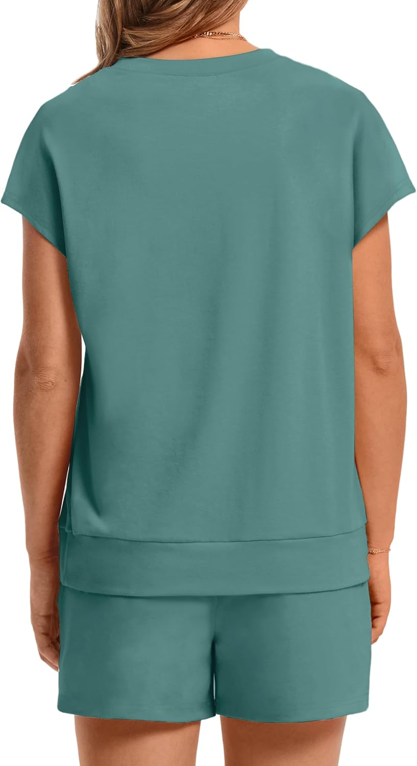 Women's 2 Piece Summer Lounge Set Crew Neck Short Sleeve Tracksuit