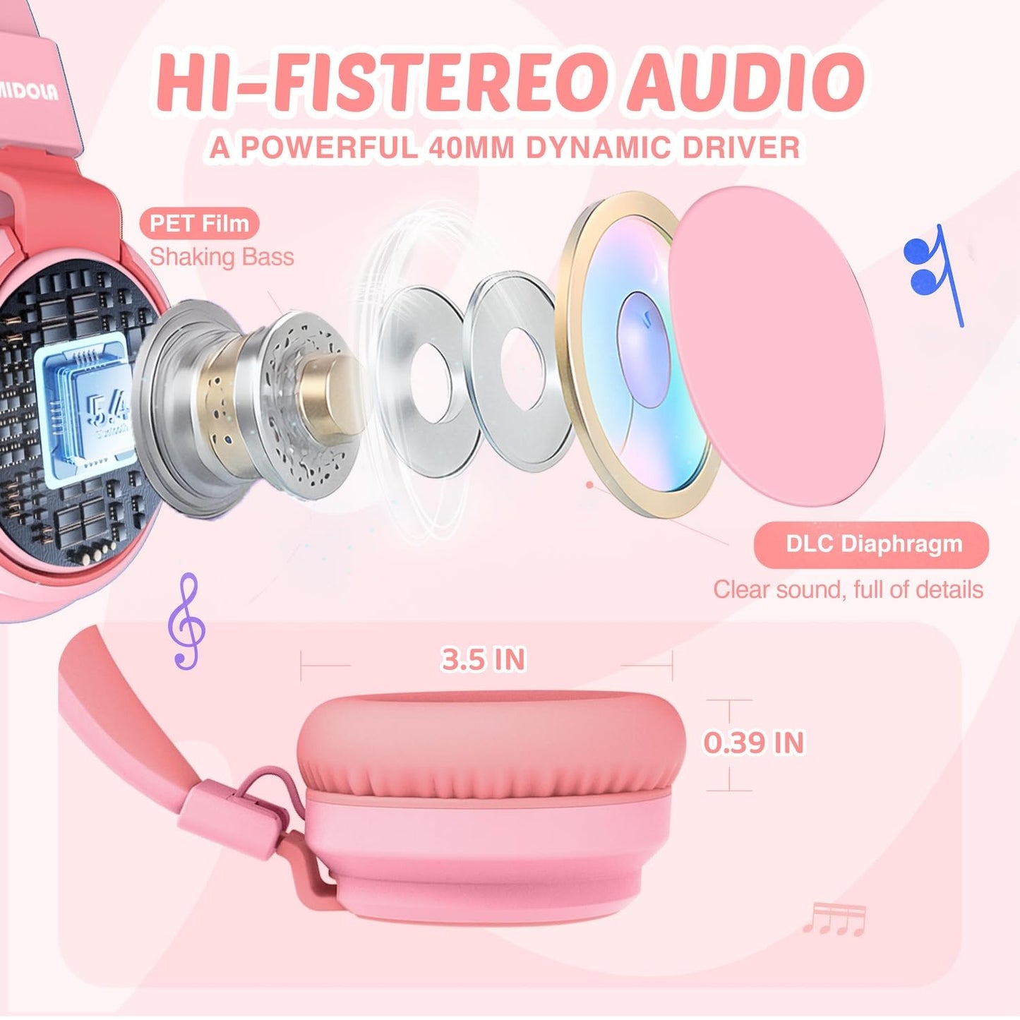 Kids Headphones Volume Limited 85/94dB - Wired Over-Ear Foldable Headset with Microphone Pink