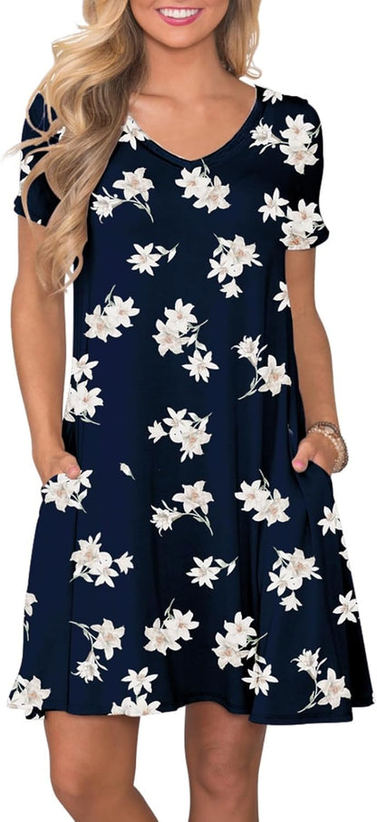 Women's Casual T-Shirt Dress Short Sleeve Summer Swing Dress with Pockets Small Blue-lily