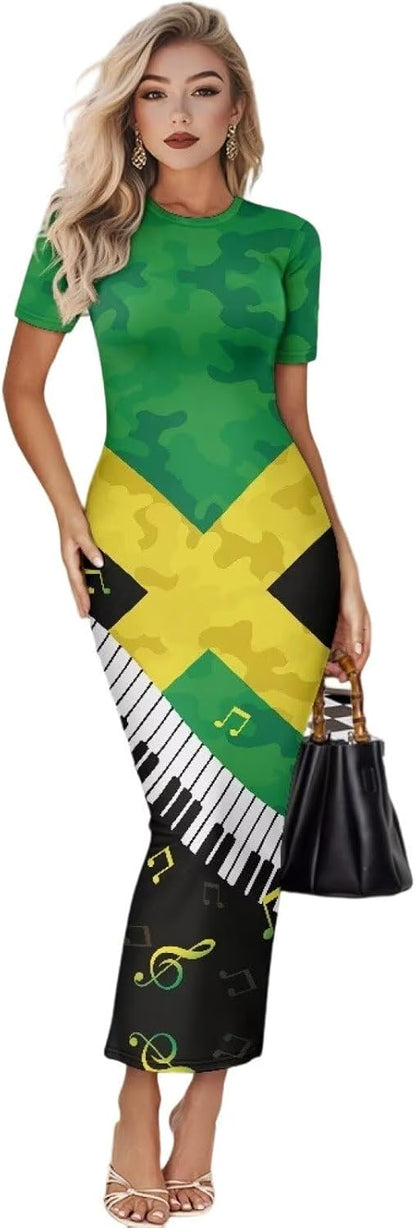 Women's Jamaican Flag Bodycon Midi Dress Short Sleeve