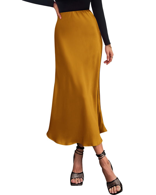 Women's High Waist Satin Midi Skirt - Elegant A-Line Flowy Party Wedding Skirt