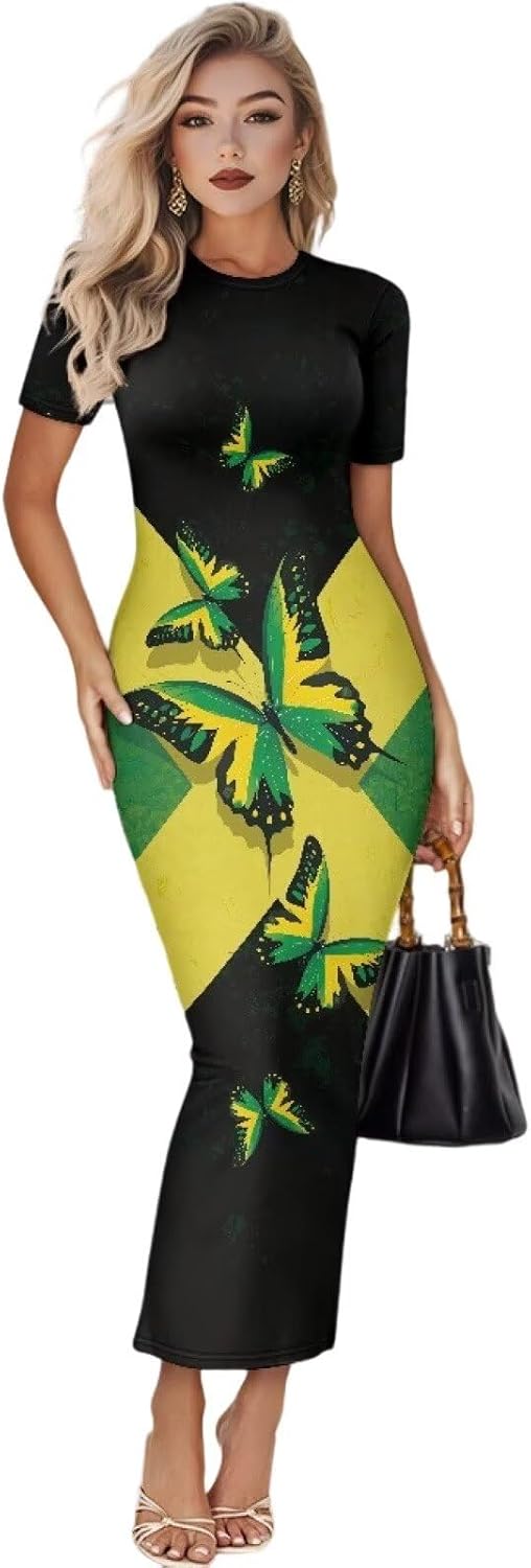Women's Jamaican Flag Bodycon Midi Dress Short Sleeve