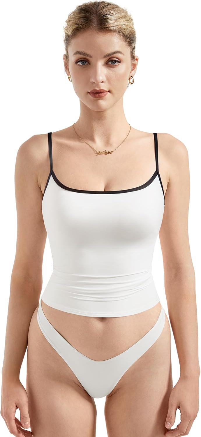 Women Square Neck Tank Top - Summer Cami with Adjustable Straps Large White-black