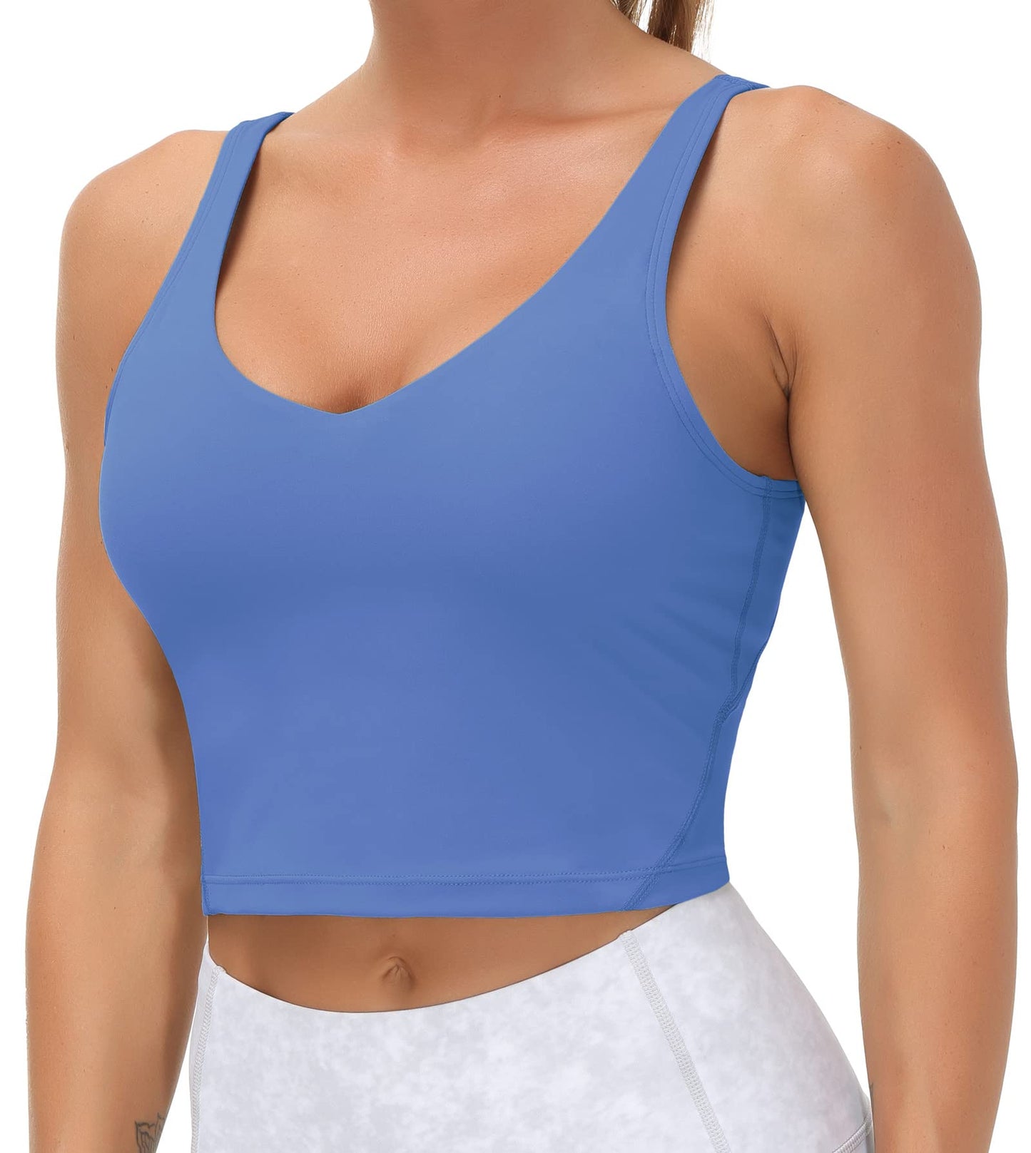Longline Sports Bra Women Wirefree Padded Medium Support Workout Bra Sea Blue