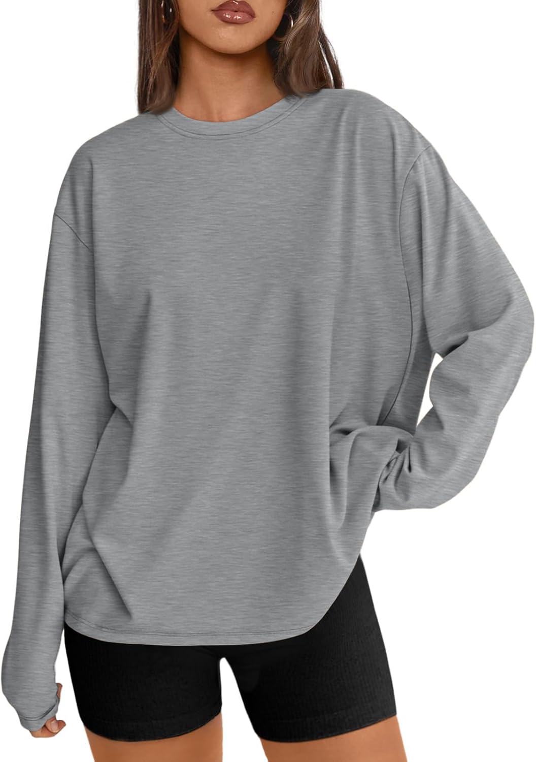 Women's Oversized Long Sleeve T-Shirt Casual Crewneck Basic Tee Grey